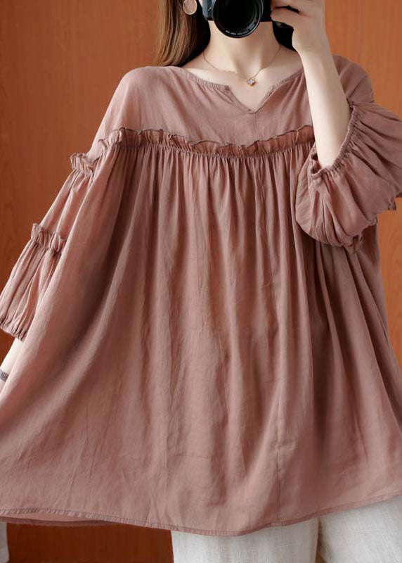 French Pink V Neck Patchwork Fall Three Quarter Sleeve Shirt Top