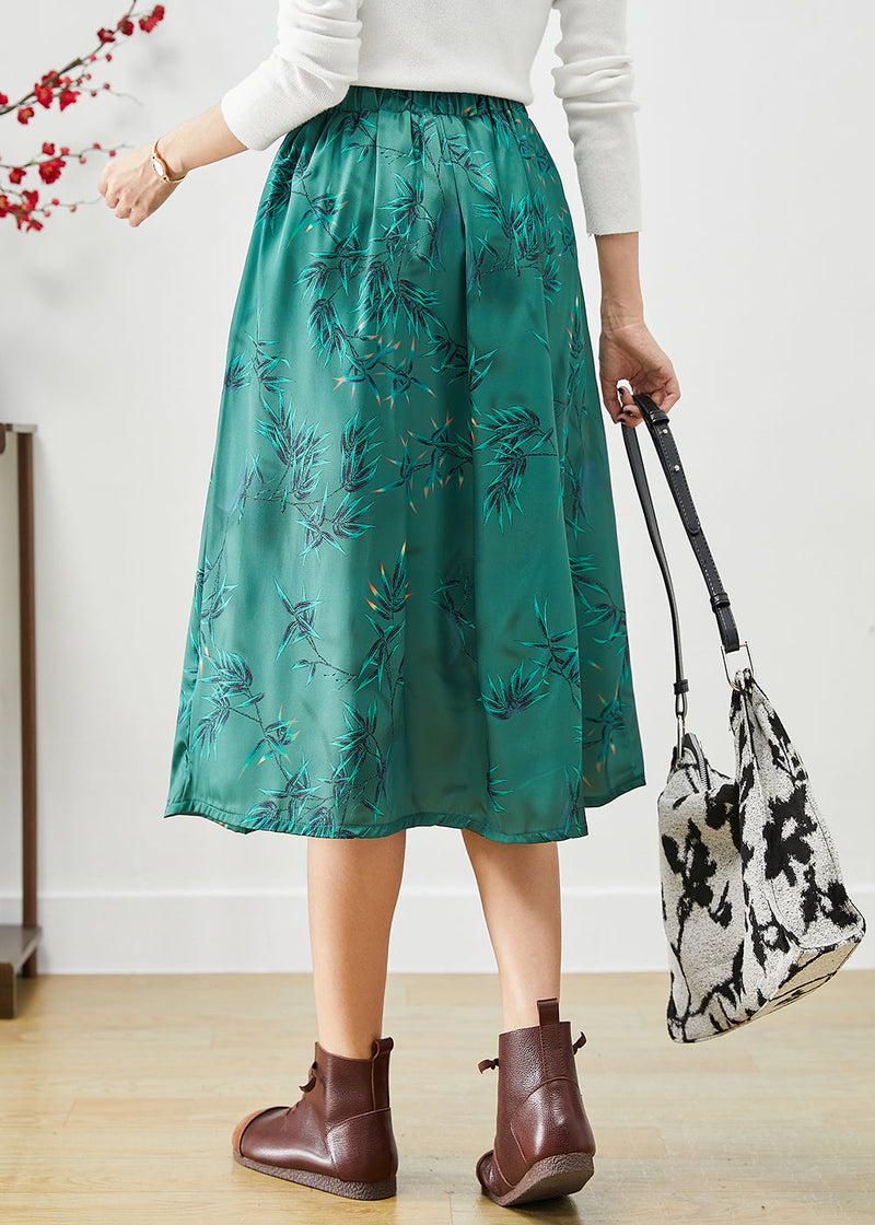 Green Embroideried Bow Silk a Line Skirt Fall