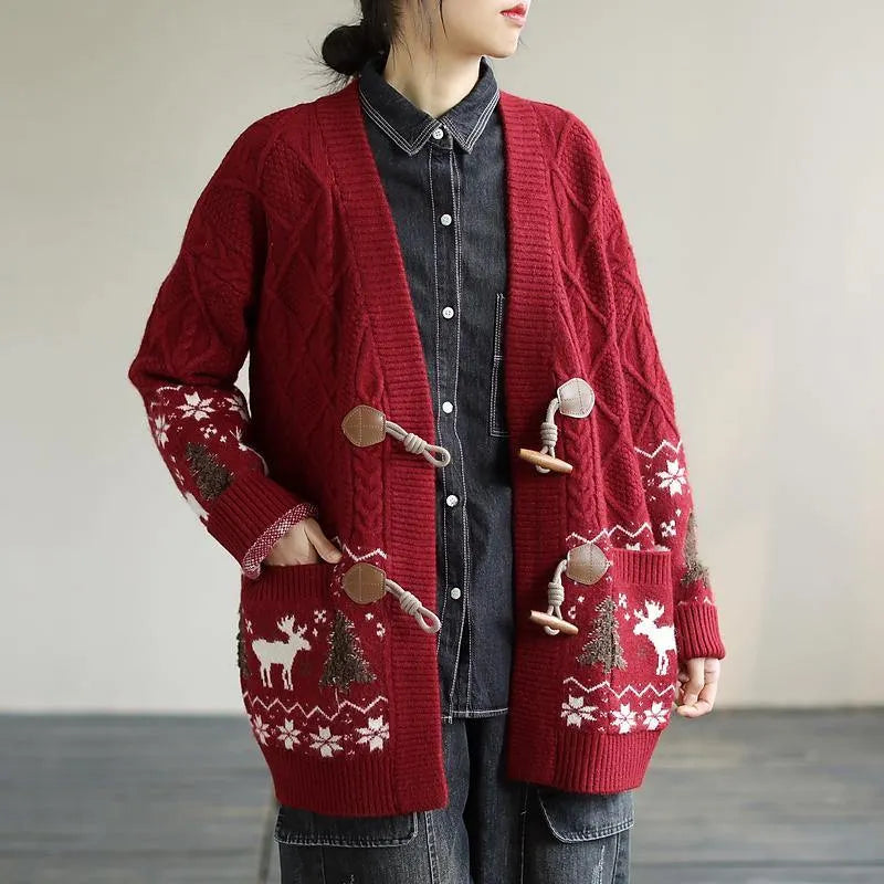 Aesthetic Red Knit Jacket Loose Fitting Loose Deer Print Knit Outwear