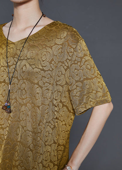 Yellow Jacquard Side Open Chinese Button Silk Sets 2 Pieces Summer