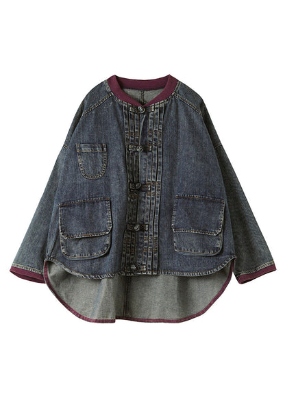 Blue O-neck Patchwork Low High Design Cotton Denim Coats Spring