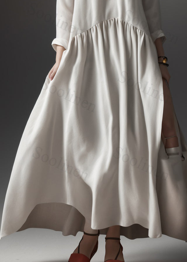Beige V Neck Wrinkled Patchwork Silk Maxi Dress Summer