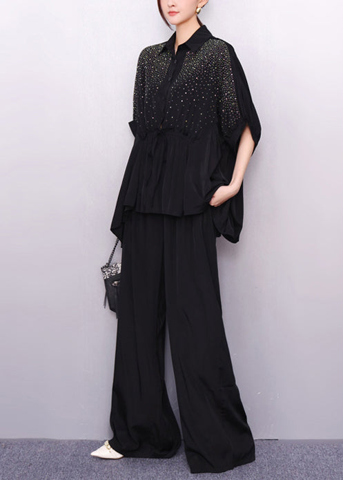 French Black Oversized Rhinestone Two Pieces Set Summer
