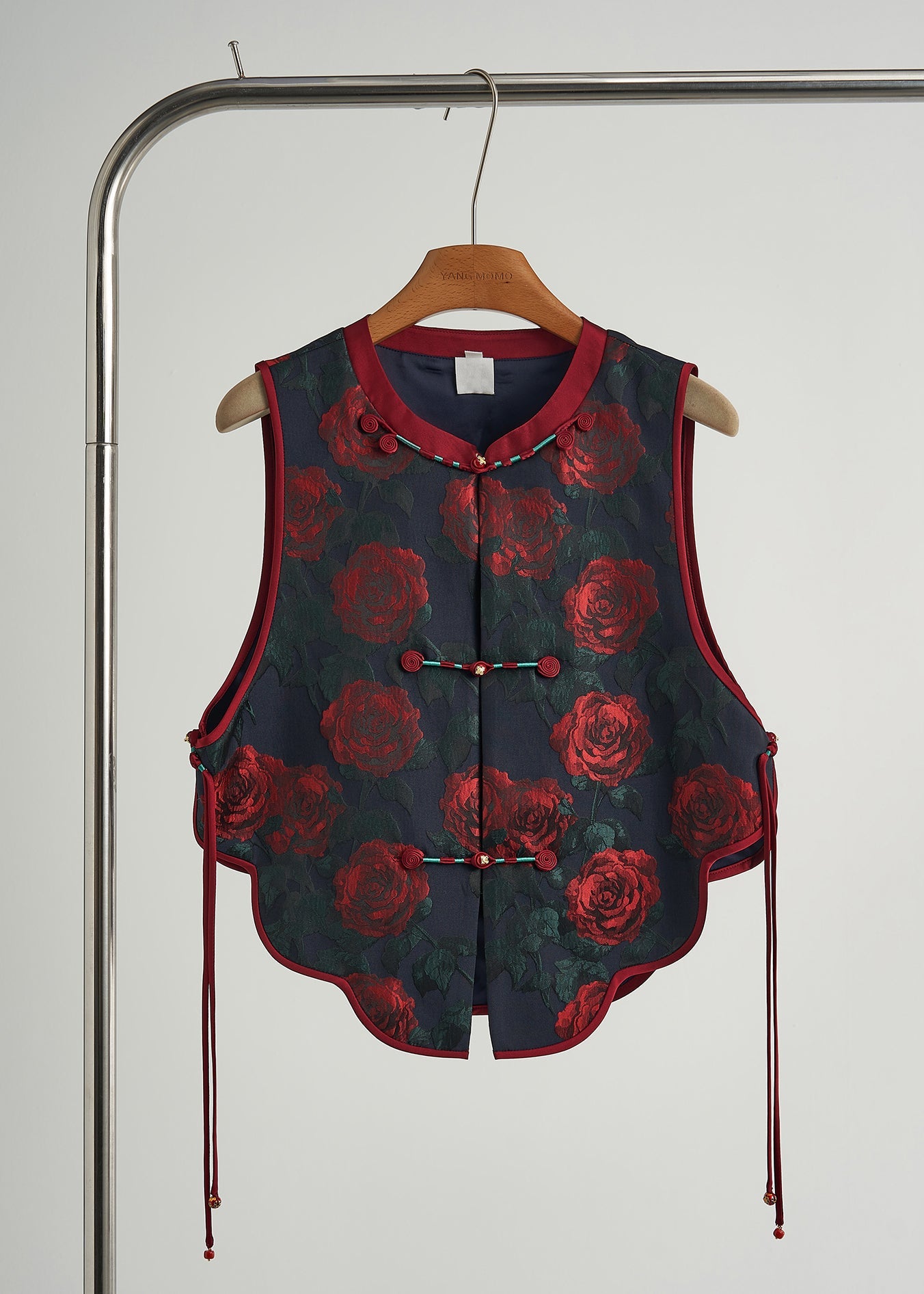 Black Chinese Button Jacquard Silk Vests Fall
