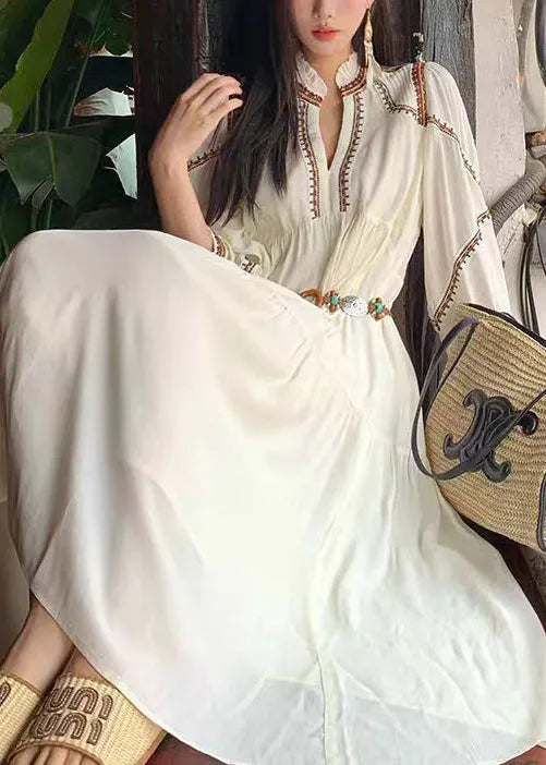 White Wrinkled Patchwork Cotton Long Dress Bracelet Sleeve