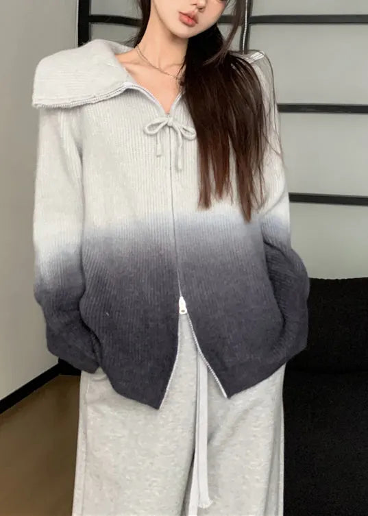 Grey Gradient Zip Up Patchwork Knit Jacket Winter