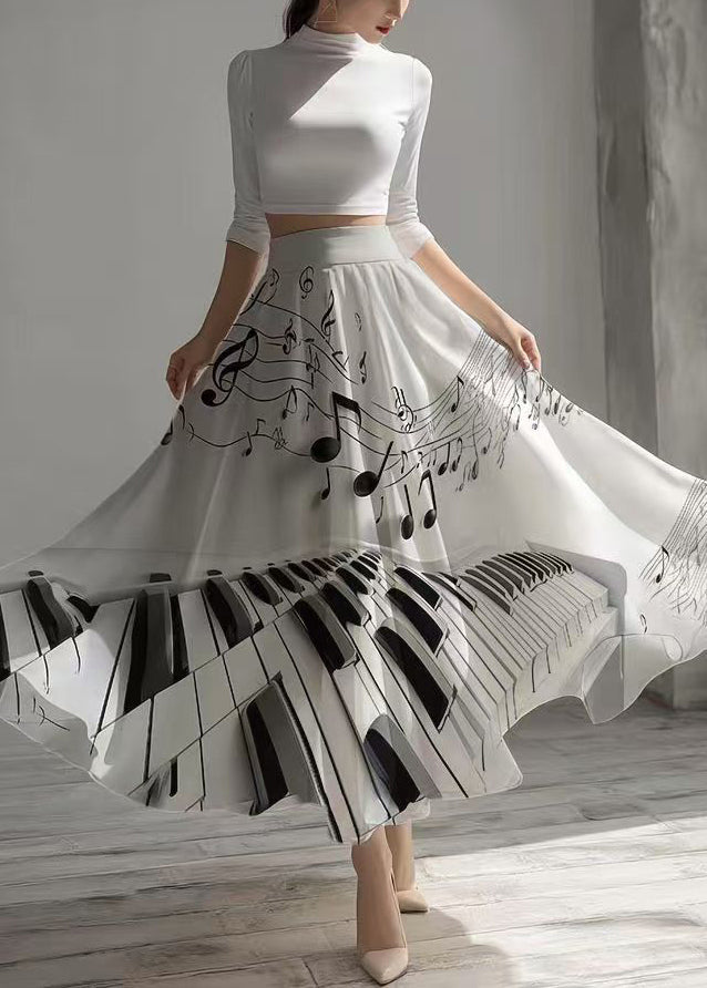 Modern White Print Draping Chiffon Skirts Exra Large Hem Fall