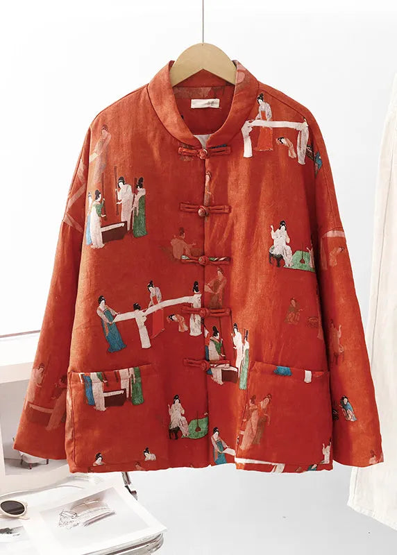 Orange Print Pockets Fine Cotton Filled Oriental Coats Winter