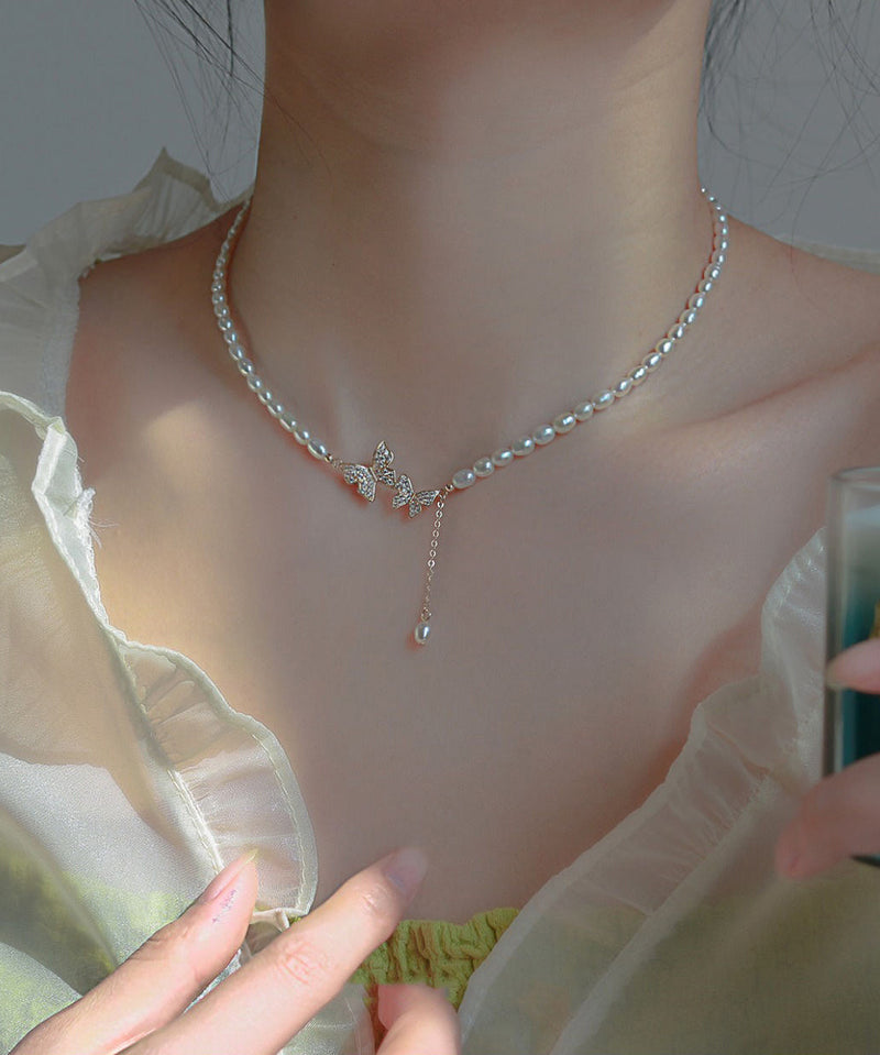 White Sterling Silver Alloy Zircon Butterfly Pearl Lariat Necklace