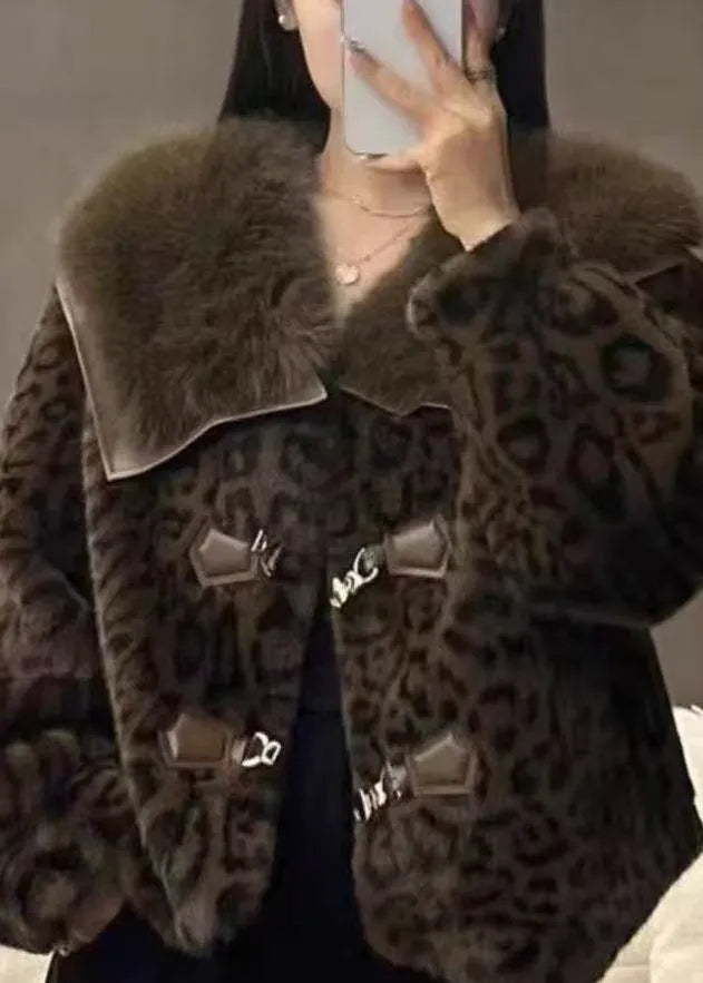 Leopard Peter Pan Collar Button Mink Hair Coats Winter