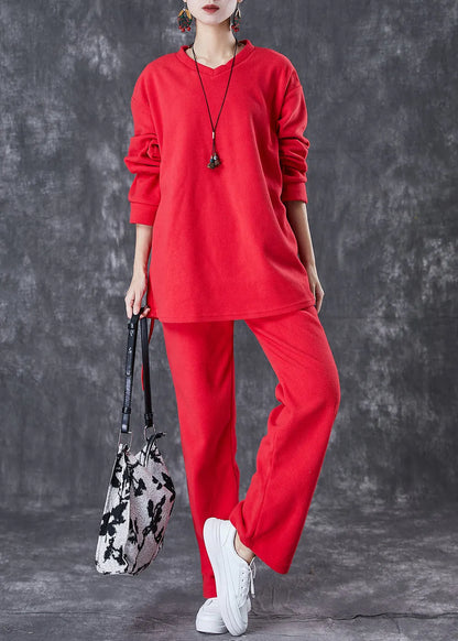 Red Oversized Drawstring Velour Sets 2 Pieces Fall