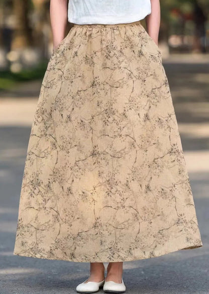 Khaki Pockets Print High Waist Cotton Skirts Summer
