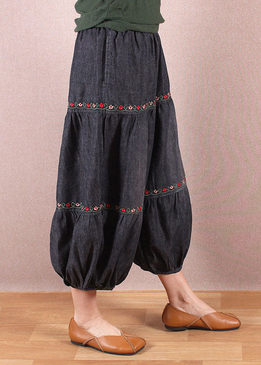 Denim Blue Elastic Waist Oriental Embroideried Patchwork Cotton Lantern Pants Summer