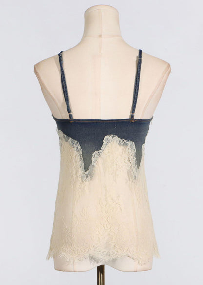 Navy Lace Patchwork Denim Vests and Skirts Two Pieces Set Summer