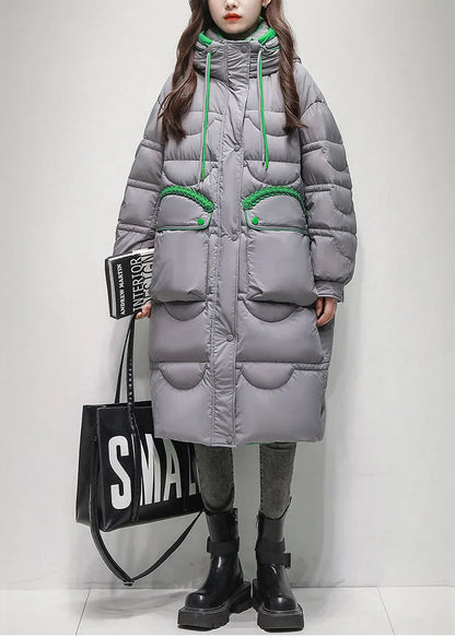Grey Button Pockets Duck Down Winter Down Long Coat Hooded