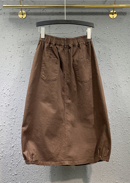 Khaki Wrinkled Pockets Patchwork Cotton Skirts Fall
