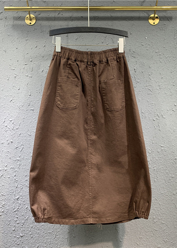 Khaki Wrinkled Pockets Patchwork Cotton Skirts Fall