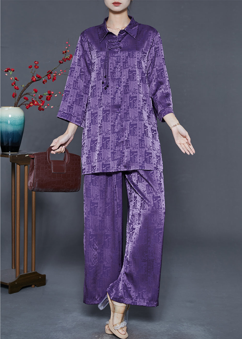 Purple Print Silk Oriental Two-piece Set Tasseled Fall