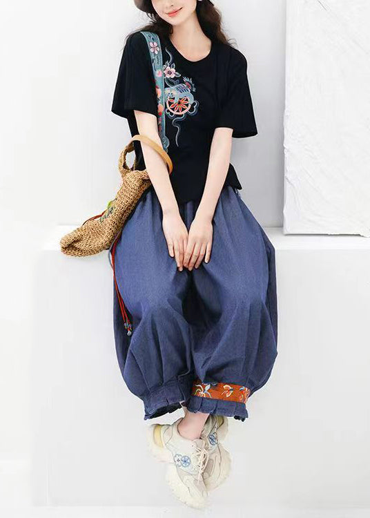 Black O Neck Embroideried Cotton T Shirt Top Summer
