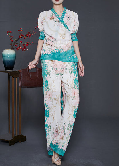 Apricot Print Lace Up Chiffon Two Pieces Set Puff Sleeve