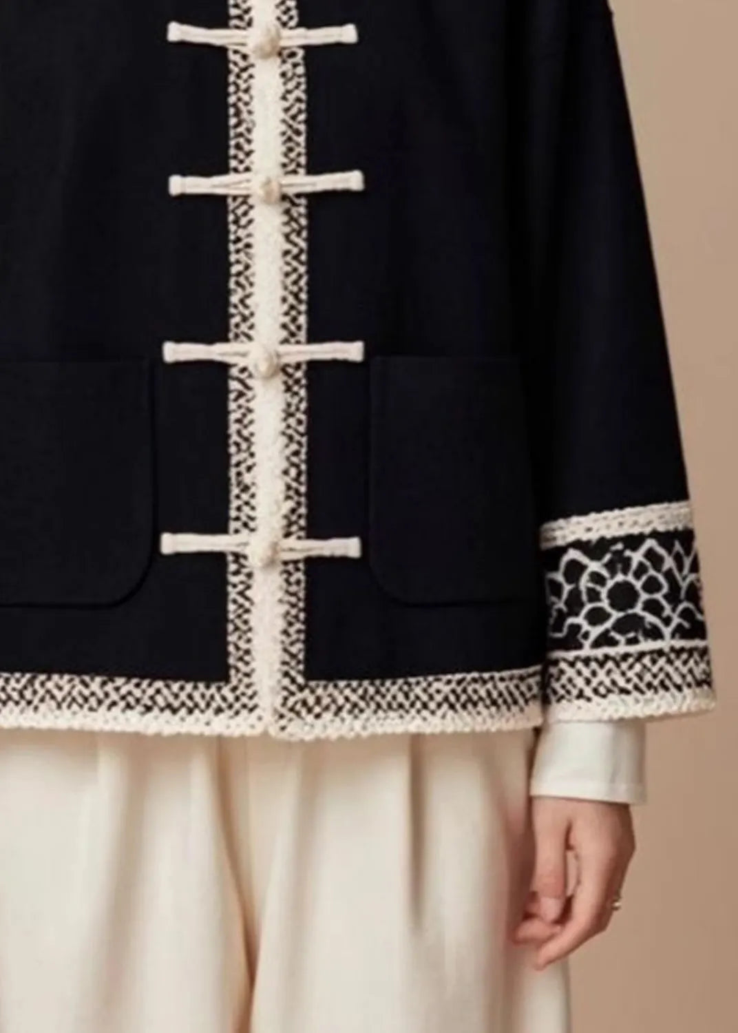 Italian Black O-neck Button Patchwork Cotton Coat Fall