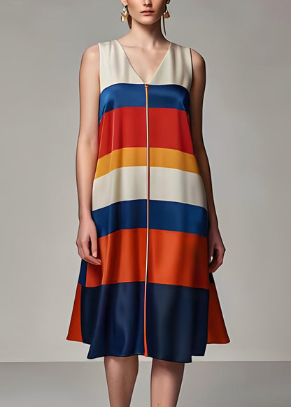 Colorblock V Neck Striped Silk Dresses Sleeveless