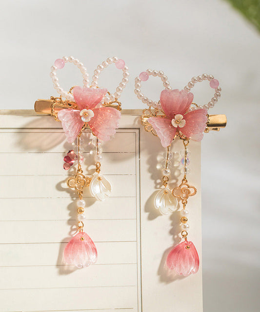 Pink Copper Alloy Pearl Colored Glaze Tassel a Pair Hairpin
