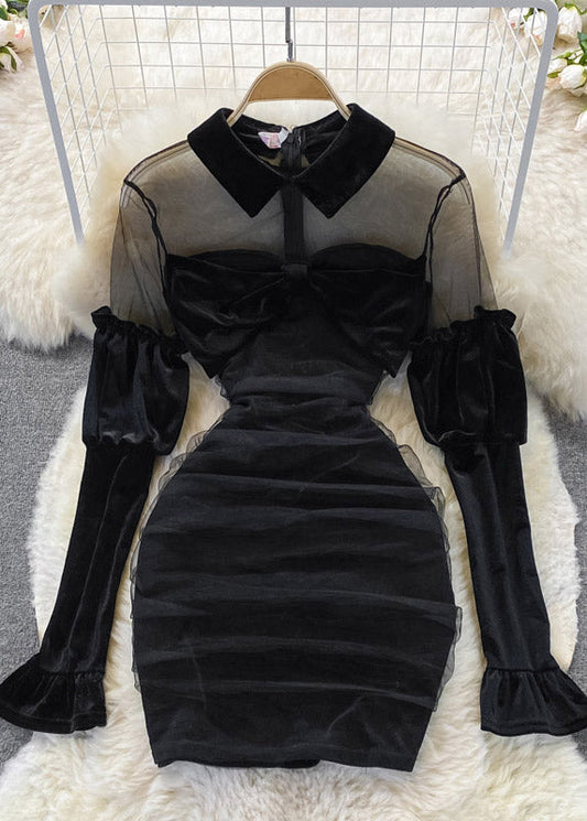 Black Peter Pan Collar Tulle Patchwork Bow Velour Hip Dress Long Sleeve