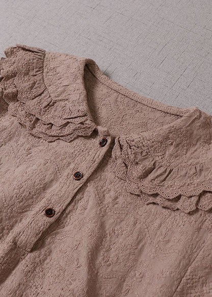 Khaki Embroideried Ruffled Cotton Vacation Dresses Long Sleeve