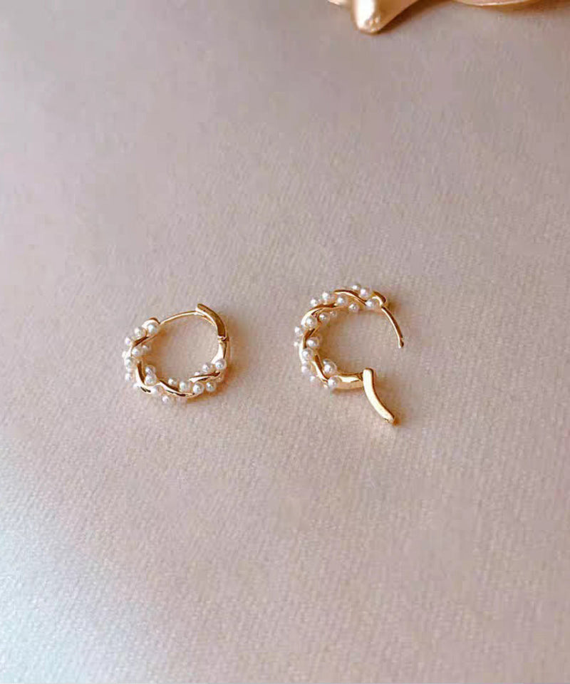 Simple Gold Sterling Silver Overgild Pearl Hoop Earrings