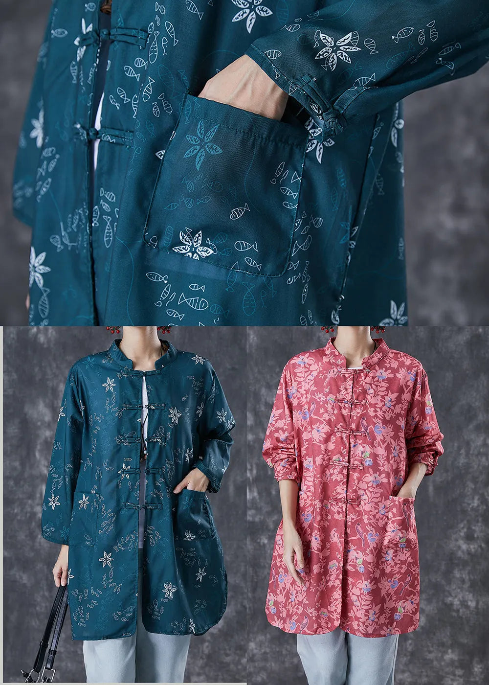 Blackish Green Print Chinese Button Cotton Shirt Fall