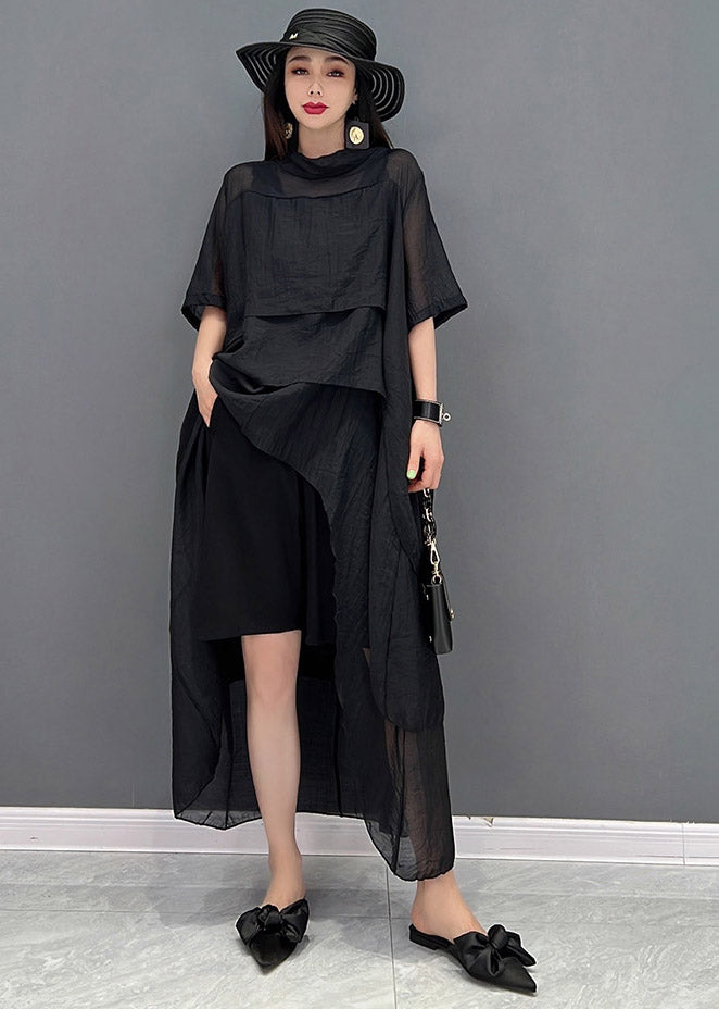 Stylish Black O-neck Patchwork Dress Short Sleeve
