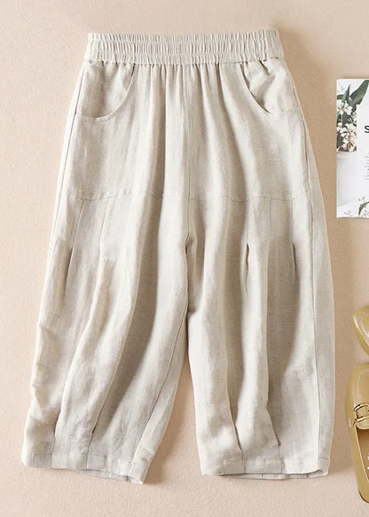 Beige Pockets Wrinkled Elastic Waist Cotton Shorts Summer