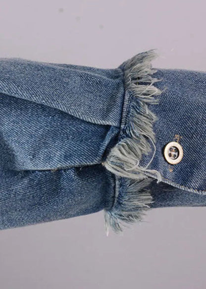 Art Blue O-neck Pockets Button Denim Fall Long Sleeve Dress