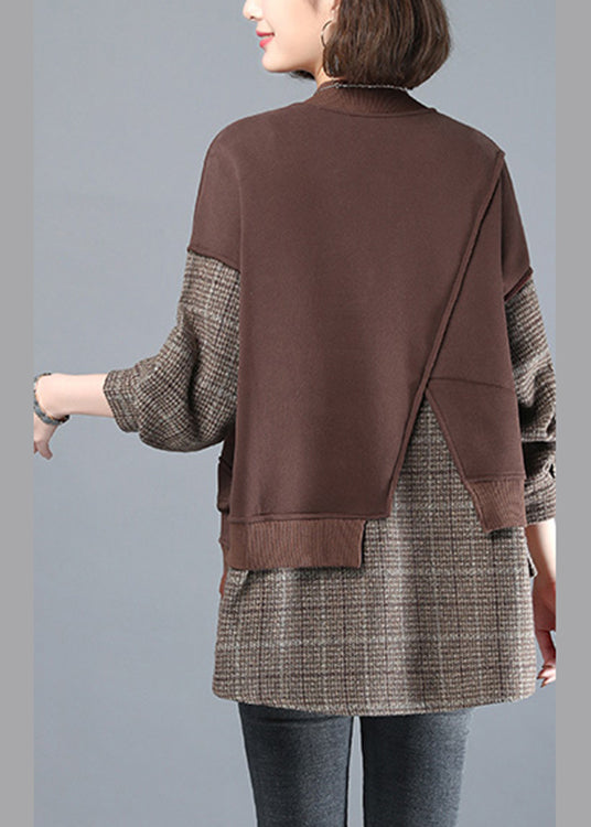 Chocolate Colour O-neck Patchwork Fake Two Pieces Sweatshirt Long Sleeve