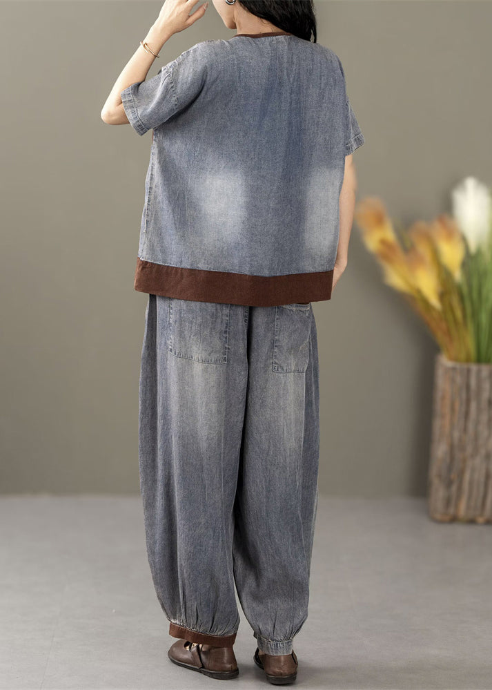 French Blue Embroidered Pockets Patchwork Denim Two-piece Set Summer