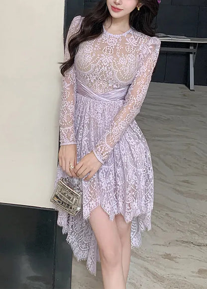 Slim Fit Purple Hollow Out Low High Design Lace Dresses Fall