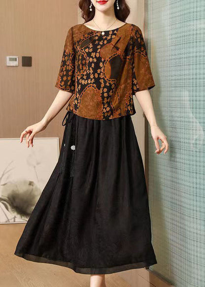 Chocolate O-neck Print Silk Tops and Skirts Two Pieces Set Summer