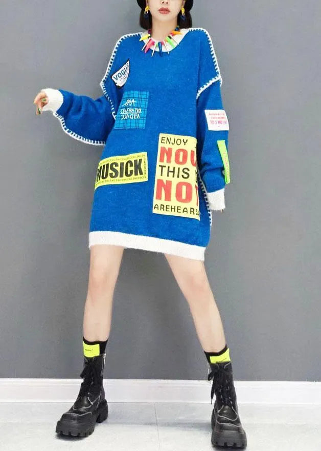 Natural Blue O-neck Patchwork Fall Long Knit Dress