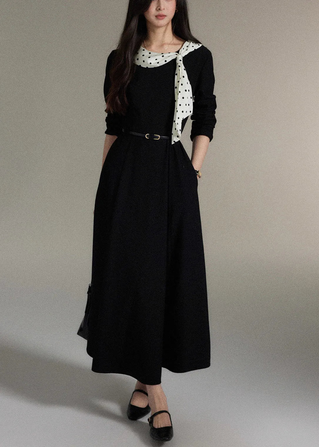 Black Bow Pockets Wool Long Dress Fall