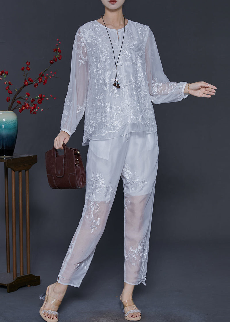 White Embroidered Silk Sets 2 Pieces Summer