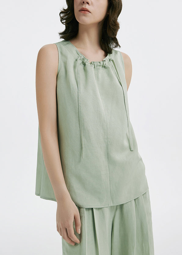 Natural Light Green O-neck Drawstring Silk T Shirts and Wide Leg Pants Two Pieces Set Summer