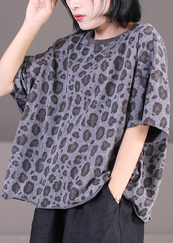 Modern Grey O-neck Oversized Leopard Print Cotton Tank Tops Short Sleeve