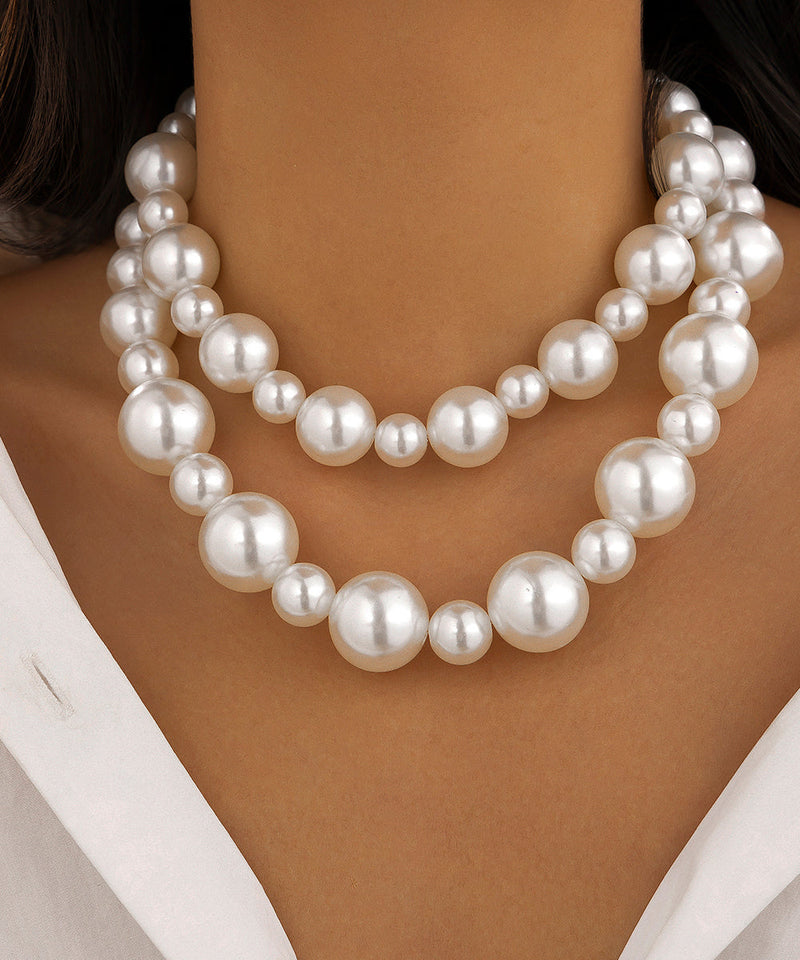 White Sterling Silver Alloy Pearl Gratuated Bead Necklace Two-piece Set