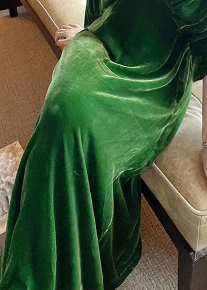 Green V Neck Nail Bead Patchwork Wrinkled Velour Dress Spring