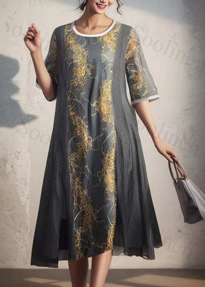 Classy Grey Green Print Patchwork Silk Maxi Dresses Short Sleeve