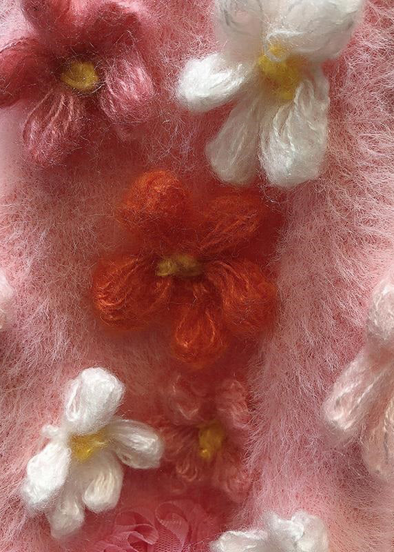 Pink Nail Bead Tulle Patchwork Knit Cardigans Spring