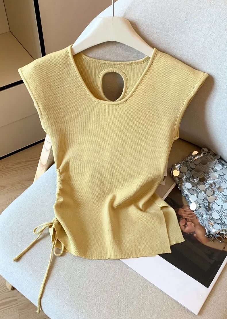 Yellow Cinched Side Open Knit T Shirt Hollow Out