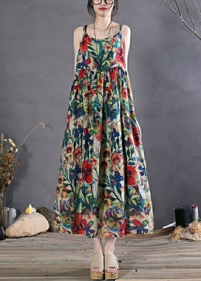 Black Print Wrinkled Spaghetti Strap Long Dress Sleeveless
