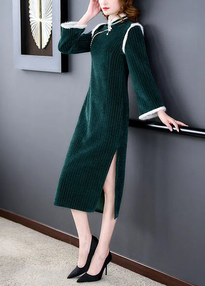 Unique Green Patchwork Side Open Thick Velour Maxi Dress Long Sleeve